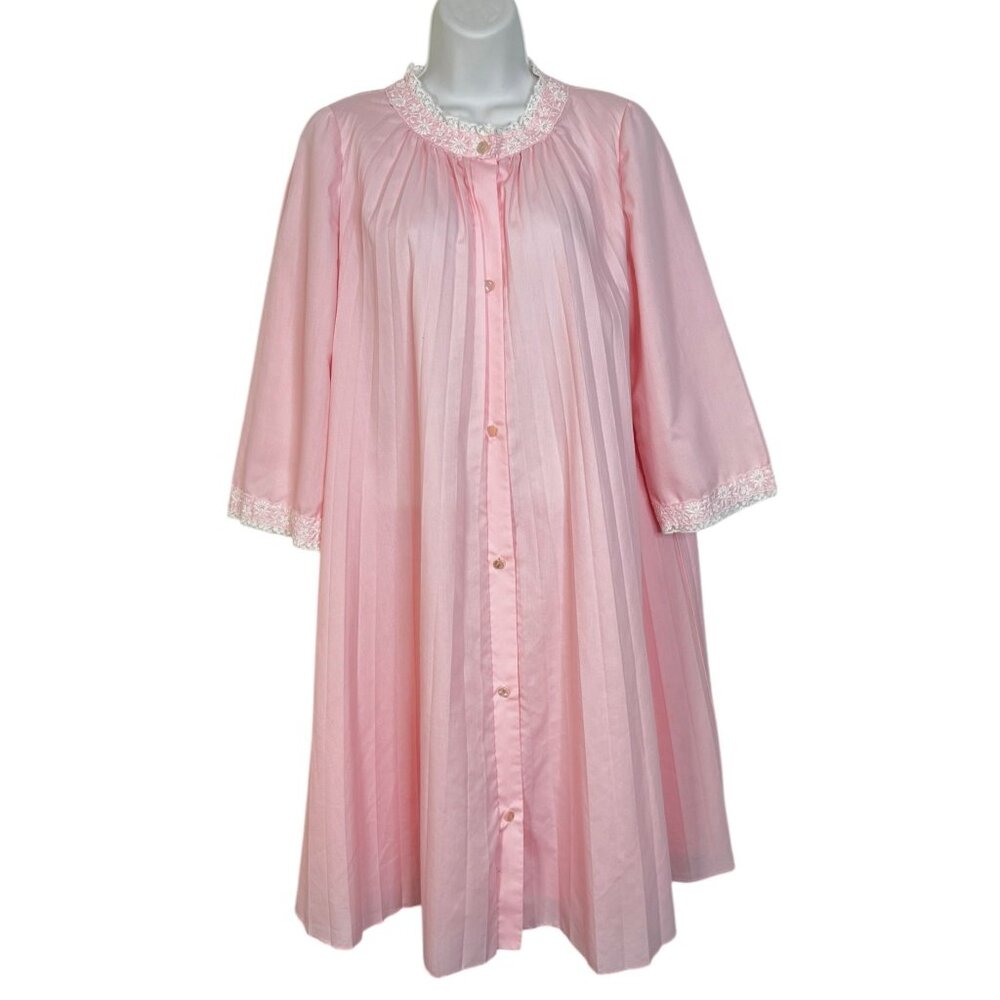 Vintage 60s Eve Stillman Nightgown Robe Embroidered Pleated Lace Pink Small
